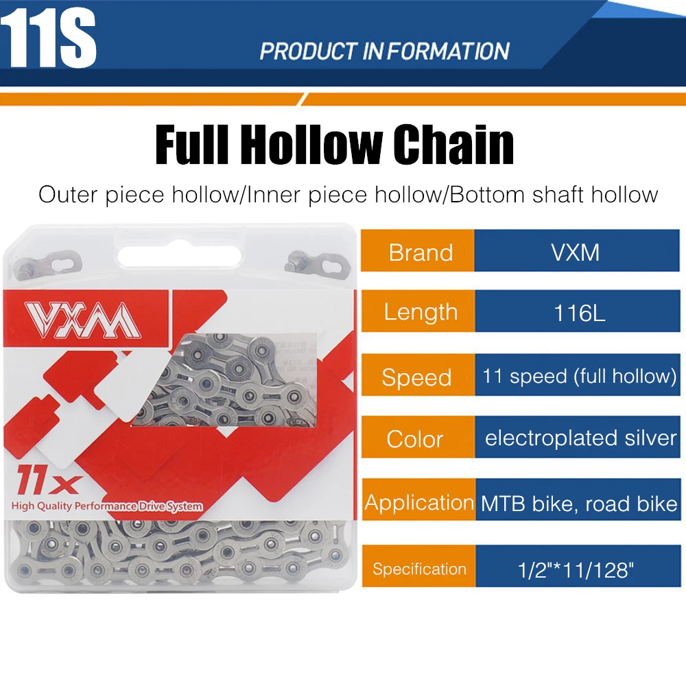 VXM Bicycle Chain Full Hollow 9 10 11 Speed 116L Ultra Light General Variable Plated Chains Accessorie | Спорт и развлечения