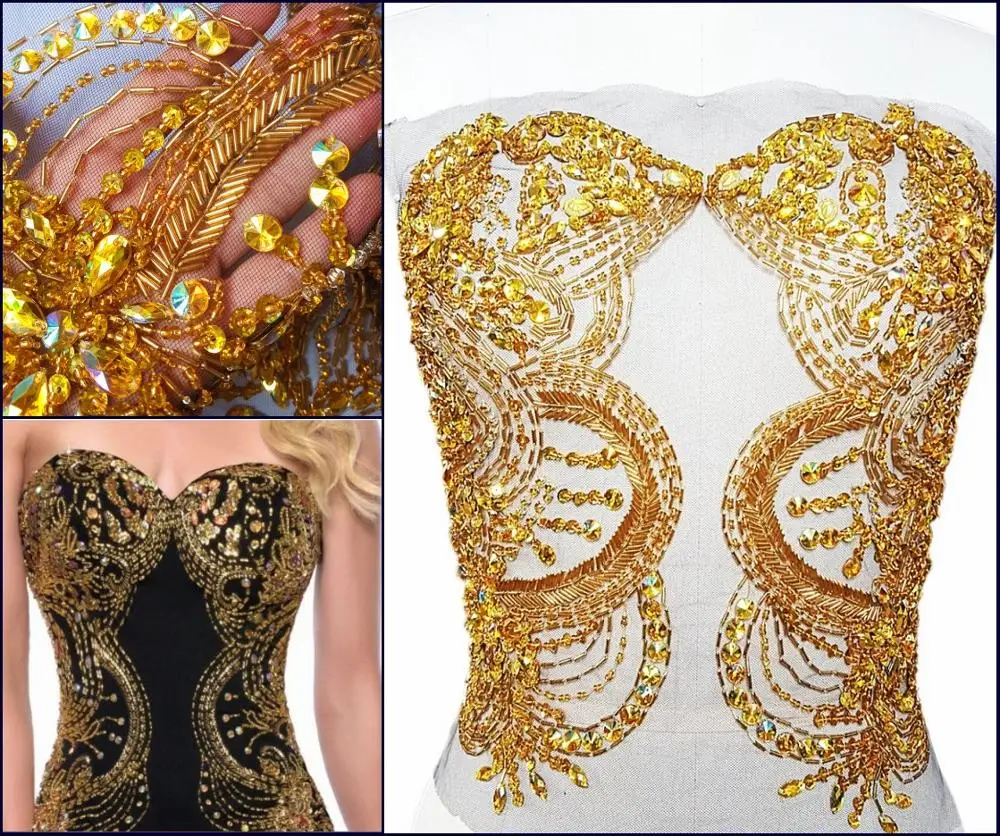 

Bi.Dw.M Queen Beaded 35x36cm Golden Sewing Rhinestone Crystal Applique Patches Black mesh For Wedding Bridal Dress Decoration