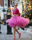 Модные короткие розовые тюлевые женские юбки с оборками, юбка-пачка до колена, повседневная юбка для вечеринки