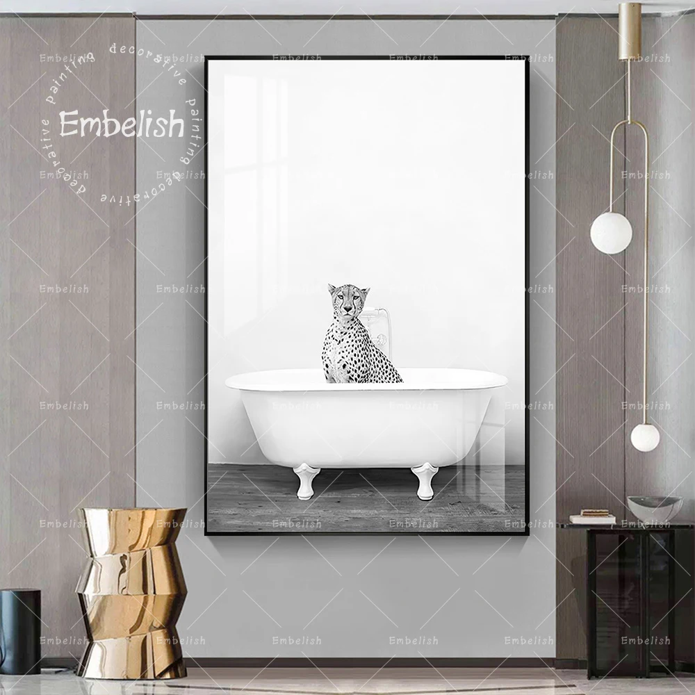 

1 Pieces Black And White Cute Leopard Animal In The Bathtub Print Canvas Painting Kids Childrens Living Room Pictures Postes