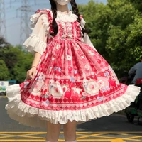 summer kawaii strawberry dress 2021 woman lace ruffles lolita anime high waist dress sweet maid cosplay costume chic streetwears