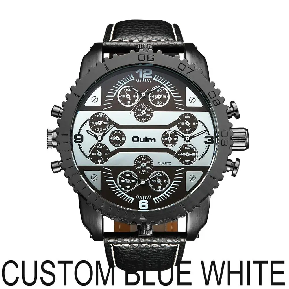 CUSTOM BLUE WHITE OULM спортивные кварцевые часы мужские большой чехол военные мужские s часы лучший бренд класса люкс кожаный ремешок 4 часовых пояса модные повседневные наручные часы - Цвет: CUSTOM BLUE WHITE