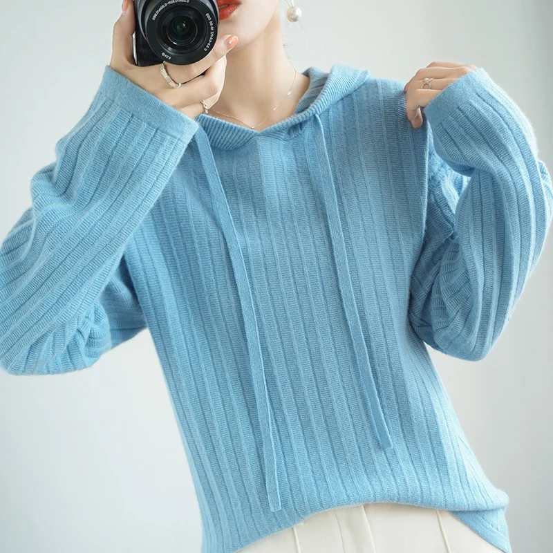 

Осенне-зимний эластичный мягкий модный 100% кашемировый свитер с капюшоном Женское пальто женские свободные трикотажные топы большого разме...