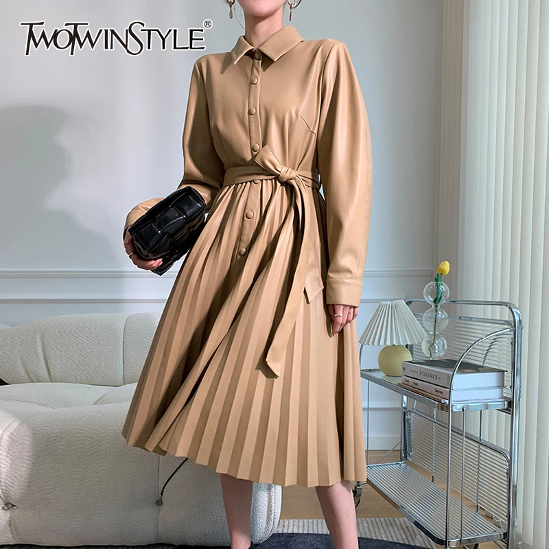 

TWOTWINSTYLE Elegant Khaki Casual Women's Dresses Lapel Long Sleeve Gathered Waist Fold Pleated A Line Midi Dress Female Stylish