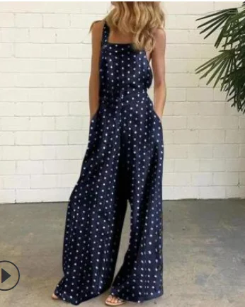 

Women Casual Flower Leaves Printed Wavy Points Jumpsuit Sleeveless Square Collar Printed Patterns Overalls Summer