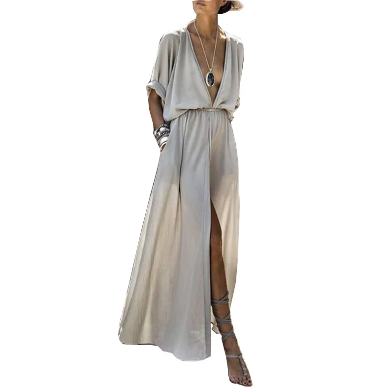 

WEPBEL Summer Fashion V-neck High Waist Slit Dress Women's Sexy Solid Color Short Sleeve Dress