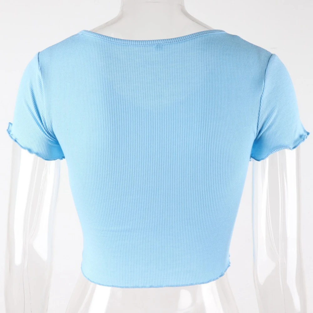 

2020 Sexy Solid Tank Tops Women Button Knitted Short Sleeve Korean Style Ribbed Green Pink Yellow Blue Summer Short Crop Tops L