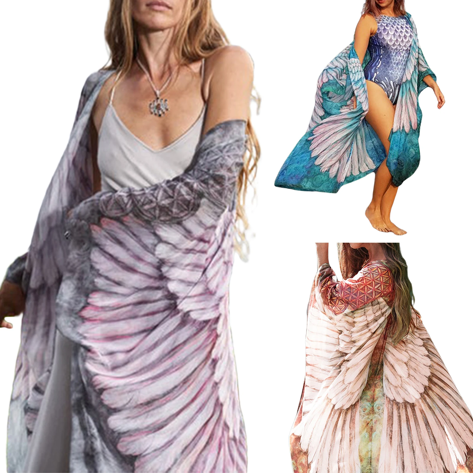 

Women Summer Sun-Proof Cardigan Cover-Ups Wing Printed Half Sleeves Open Front Swimsuit Cover for Girls