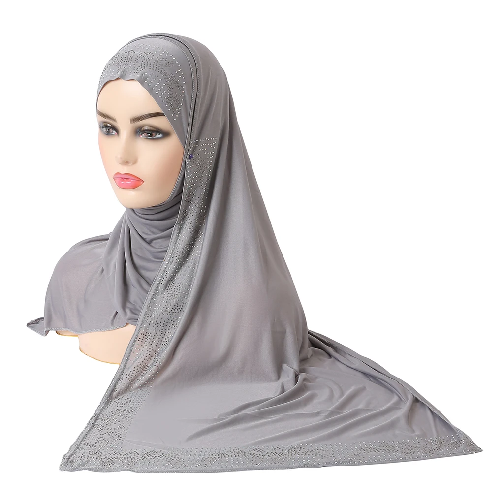 H1349a Amira pull on Hijab with shawl Soft wrap pray Headscarf with stones muslim scarf islam Full Cover Hat Turban Caps Bonnet