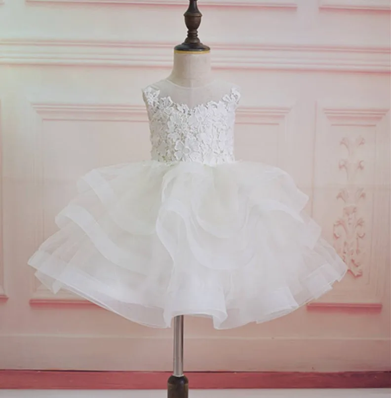 

Ivory Flower Girl Dress Lace Applique Layered Tulle Knee Length Baby Girl Birthday Dress Christening Gown