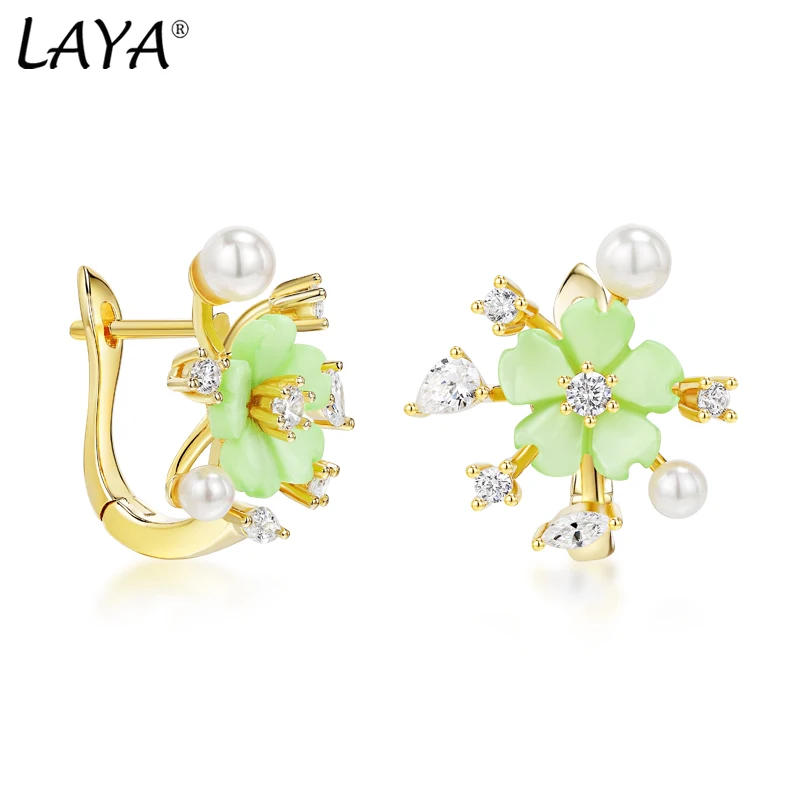 

Laya 925 Sterling Silver Luxury Jewelry High Quality Zircon Natural Shell Flower Cilp Earrings For Women original Jewelry