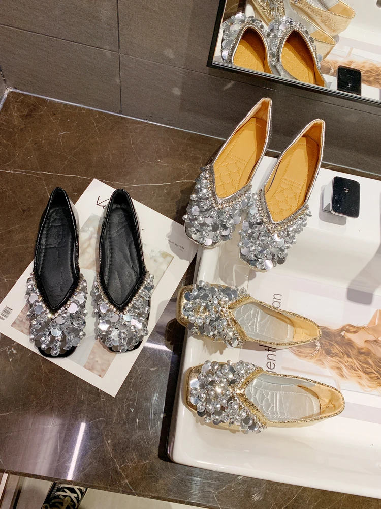 

Retro Woman Shoes Shallow Mouth Square Toe Modis Female Footwear Casual Sneaker Crystal Slip-on Glitter New 2021 Summer Moccasin