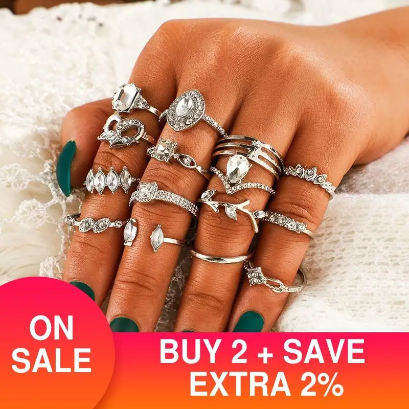 15 шт./компл. набор женских колец в богемном ретро стиле с кристаллами цветами