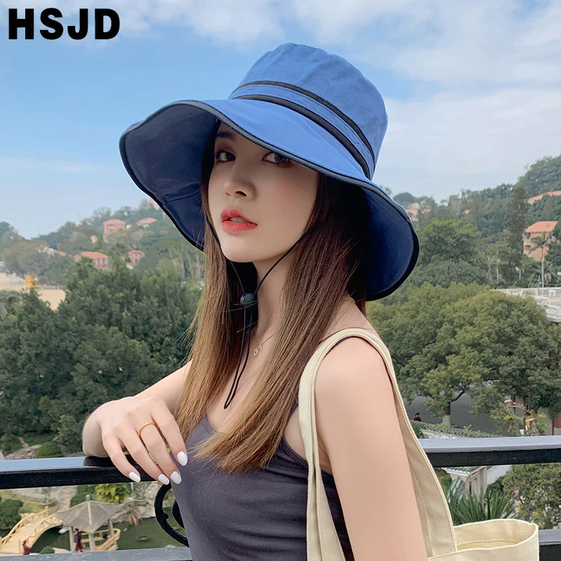 Black Line Wide Brim Summer Sun Hats For Women Foldable Bucket Hat Anti-UV Beach Caps Fashion Female Holidays Visor Cap Bonnet