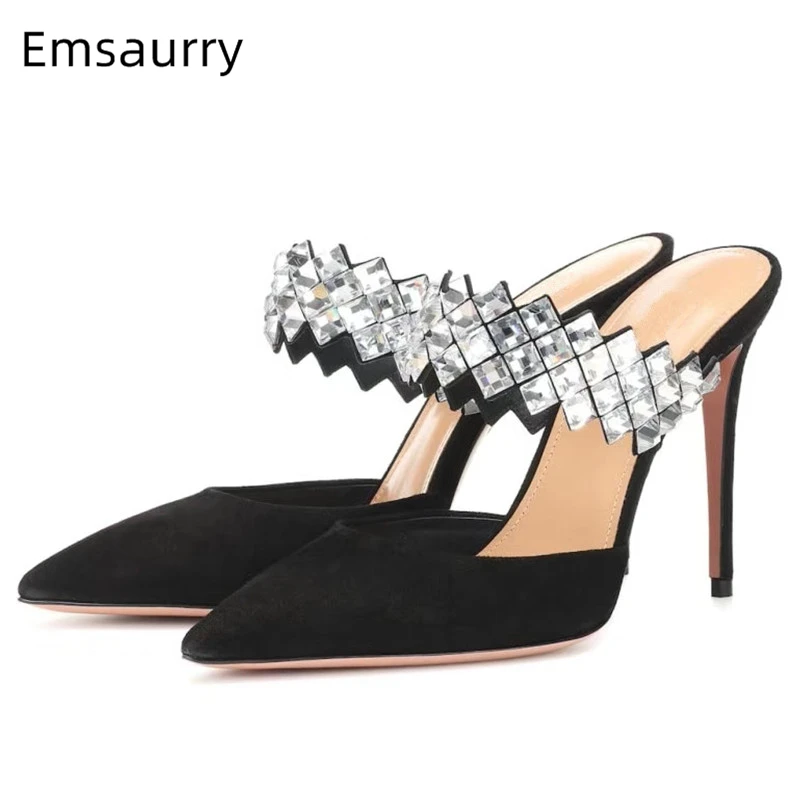 

Jeweled Crystal One-strap High Heel Shoes Woman 10cm Thin Heel Pointed Toe Luxury Suede Rhinestone Runway Summer Sandals Women