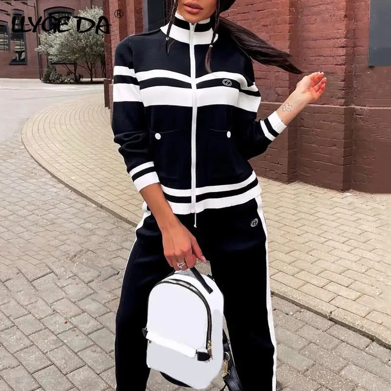 

Зимний трикотажный женский спортивный костюм, цветной контрастный топ на молнии с длинным рукавом и эластичной резинкой на талии, 2021, компл...