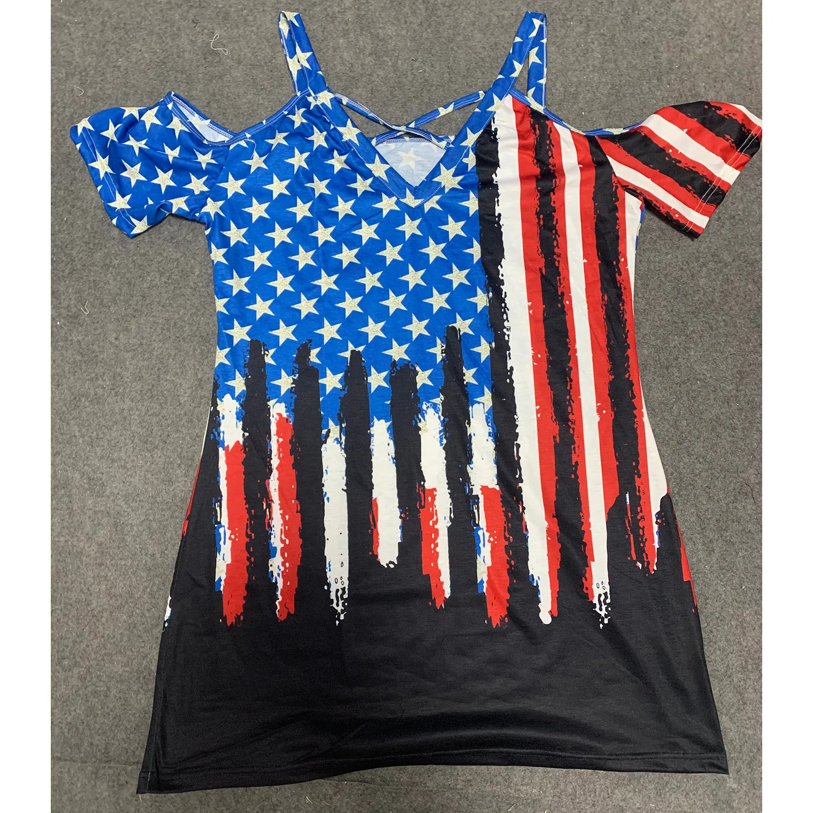 

Women'S Summer Dress Fashion Independence Day Flag Print Sexy V-Neck Cross Strapless Cold Shoulder Casual Knee-Length Dress