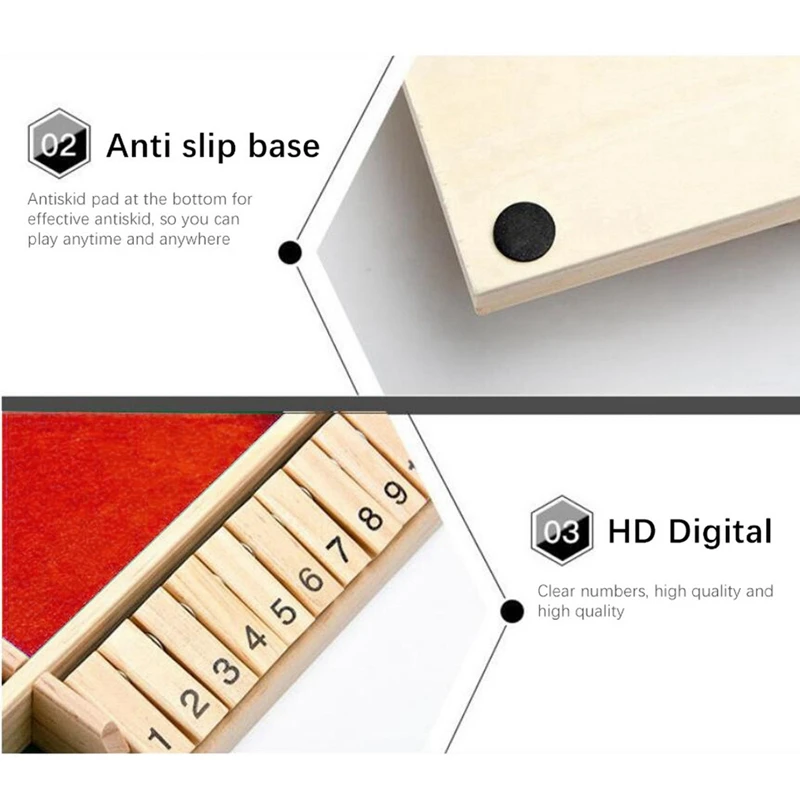 

Traditional Four Sided Shut the Box Dice Game Wooden Board Game with 2 Dice for Kids Adults Tabletop Pub Board Game