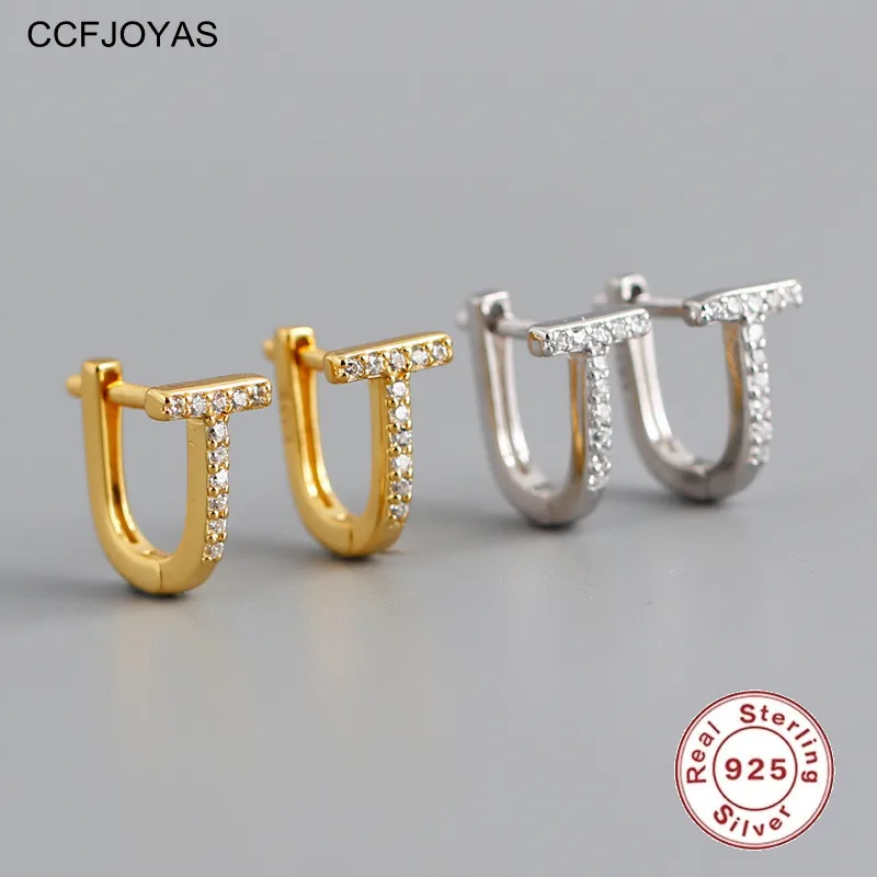 

CCFJOYAS 925 Sterling Silver T-shaped Small Hoop Earrings for Women Simple INS Inlaid White Zircon Oval Earings Fashion Jewelry