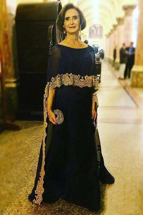 

Dark Navy Mother of the Bride Dresses with Cap Gold Applique Floor Length 2019 Plus Size Evening Gowns Mother of the Groom