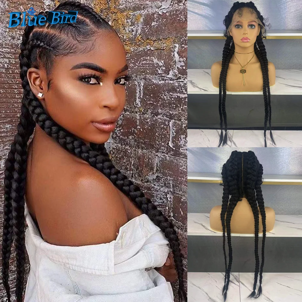 Long Black Double Dutch Box Braided Twist Synthetic Braids Wig With Baby Hair Braided Lace Front Wigs For Black Women Grils