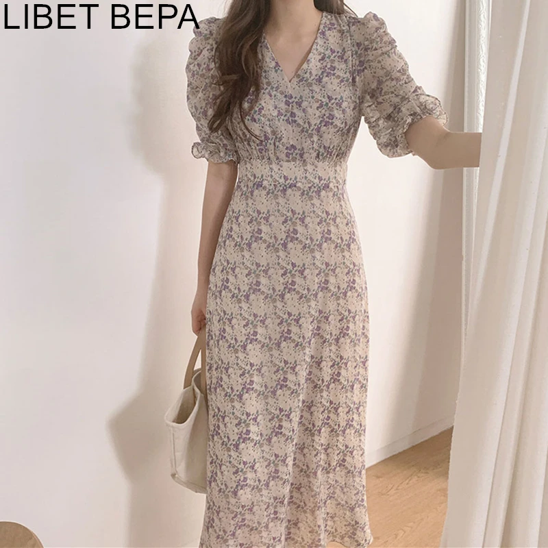 Платье женское шифоновое с V образным вырезом Элегантное Длинное винтажное