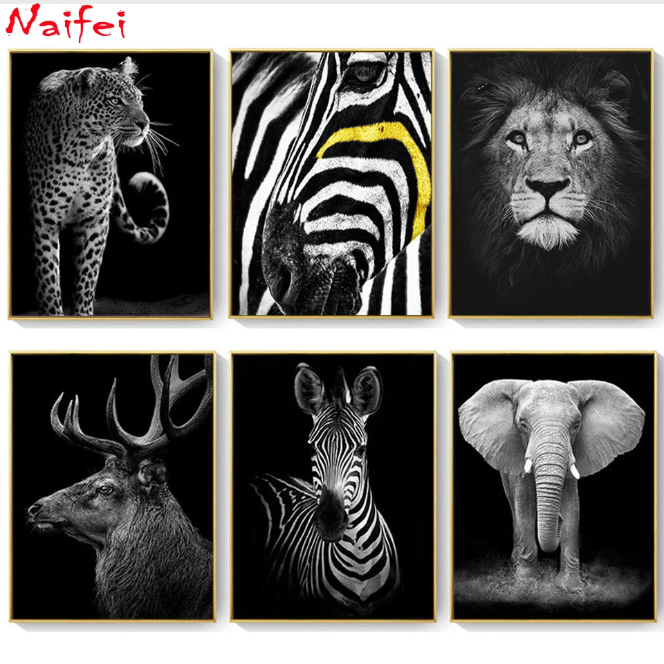 Черно-белые дикие животные искусство стены слон леопард тигр квадратные/Круглые