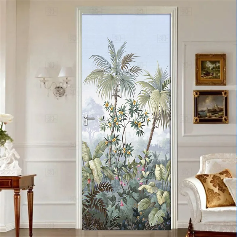 

3D Wallpaper Tropical Leaves Flowers Door Sticker Living Room Kitchen PVC Waterproof Wall Stickers Self-Adhesive Door Poster