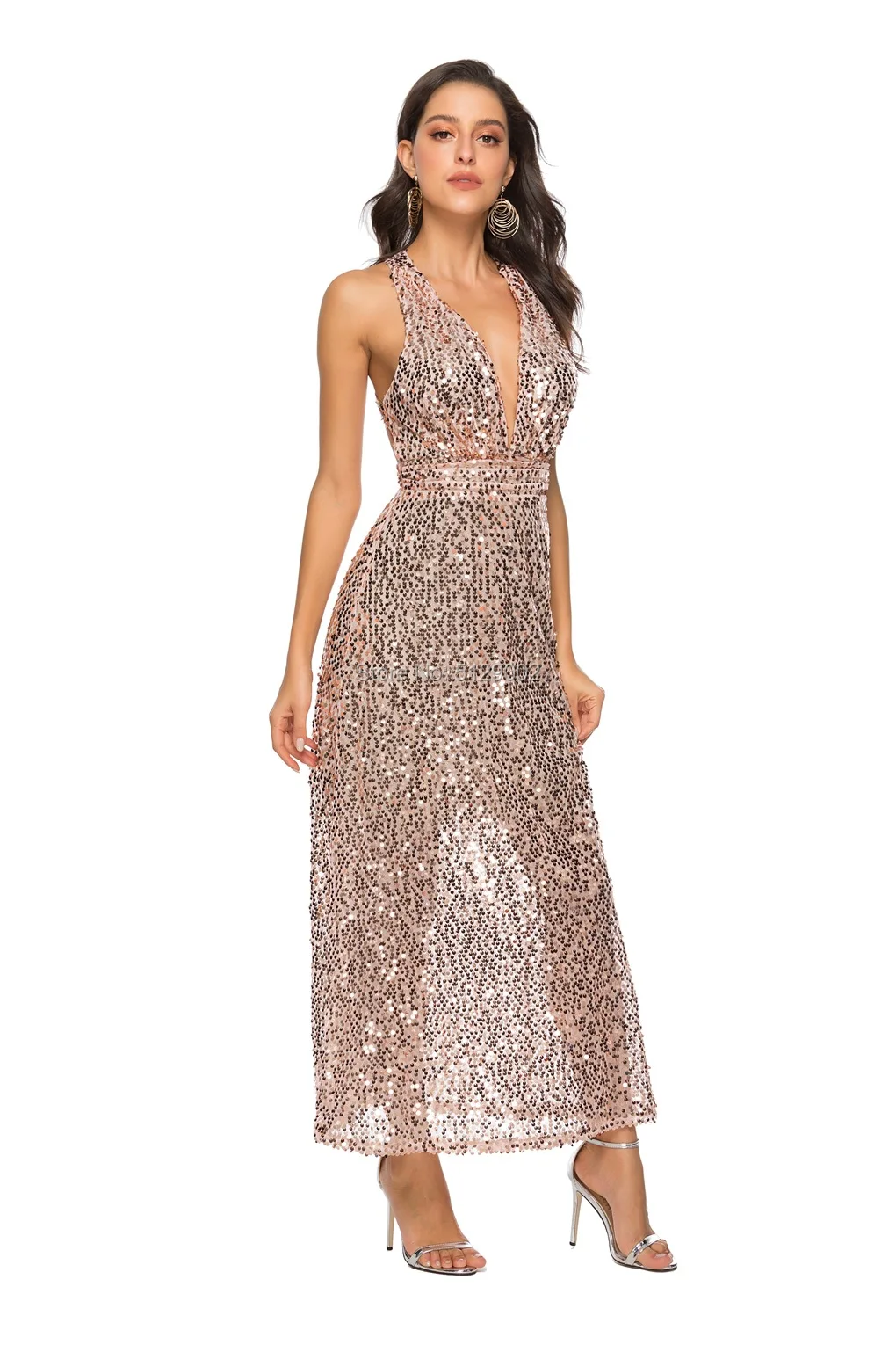 A Line V Neck Gold Sequins Bridesmaid Dresses Cross Strap Backless Tea Length Wedding Guest Party Gown | Свадьбы и торжества
