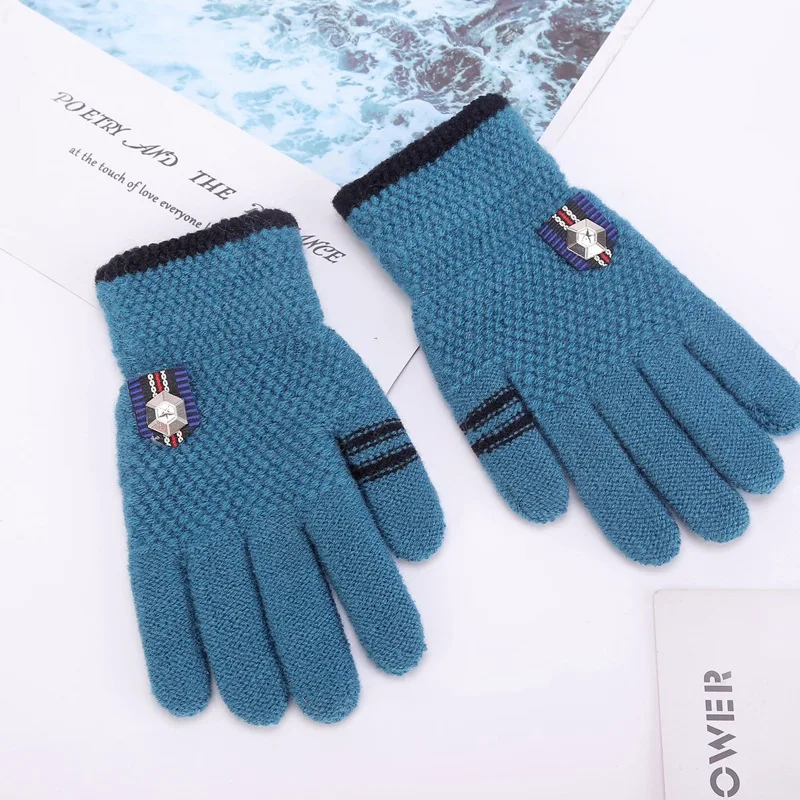 

6-12 Years Old Boy Outdoor Play Medal Stripes Mitten Children's Winter Soft Acrylic Stretch Knit Plus Plush Thick Warm Glove F88