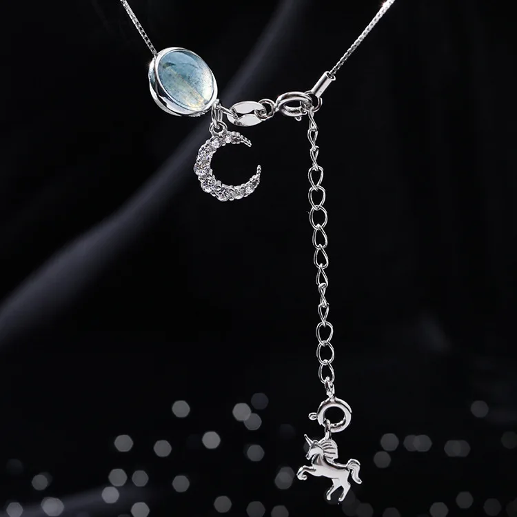 

Leouerry ожерелье с подвеской в виде единорога и Луны из лунного камня, серебро 925 пробы, простое ожерелье до ключиц для женщин, серебро 925 пробы, ...