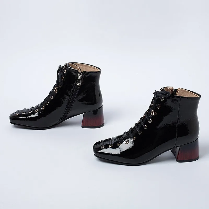 

High quality lace up ladies shoes black booties ankle boots 2020 trend patent leather chunky high heels zipper Motorcycle boots