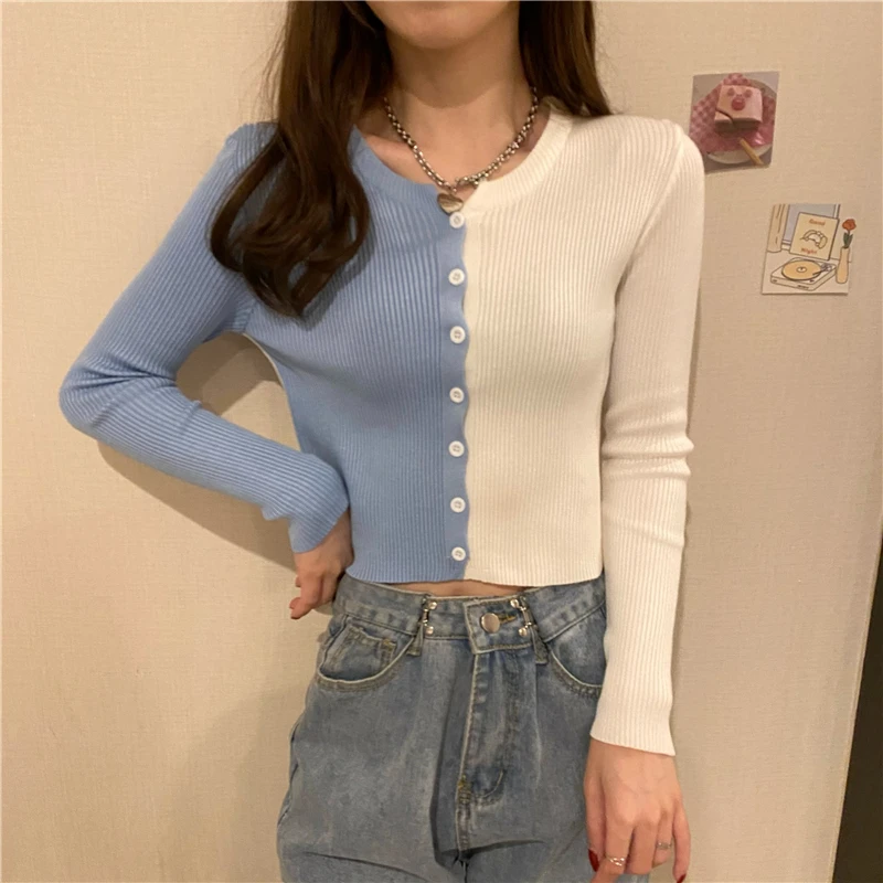 

Knitted Cardigan Women Preppy Style Patchwork Contrast Cardigan Knit Sweater O-Neck Spring Autumn SWeater Knitwear Crop Tops