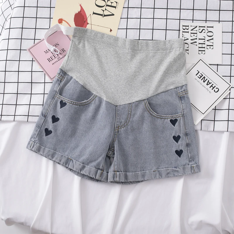 

1150# Summer Casual Denim Maternity Shorts Elastic Waist Belly Loose Shorts Clothes for Pregnant Women Embroidery LOVE Pregnancy