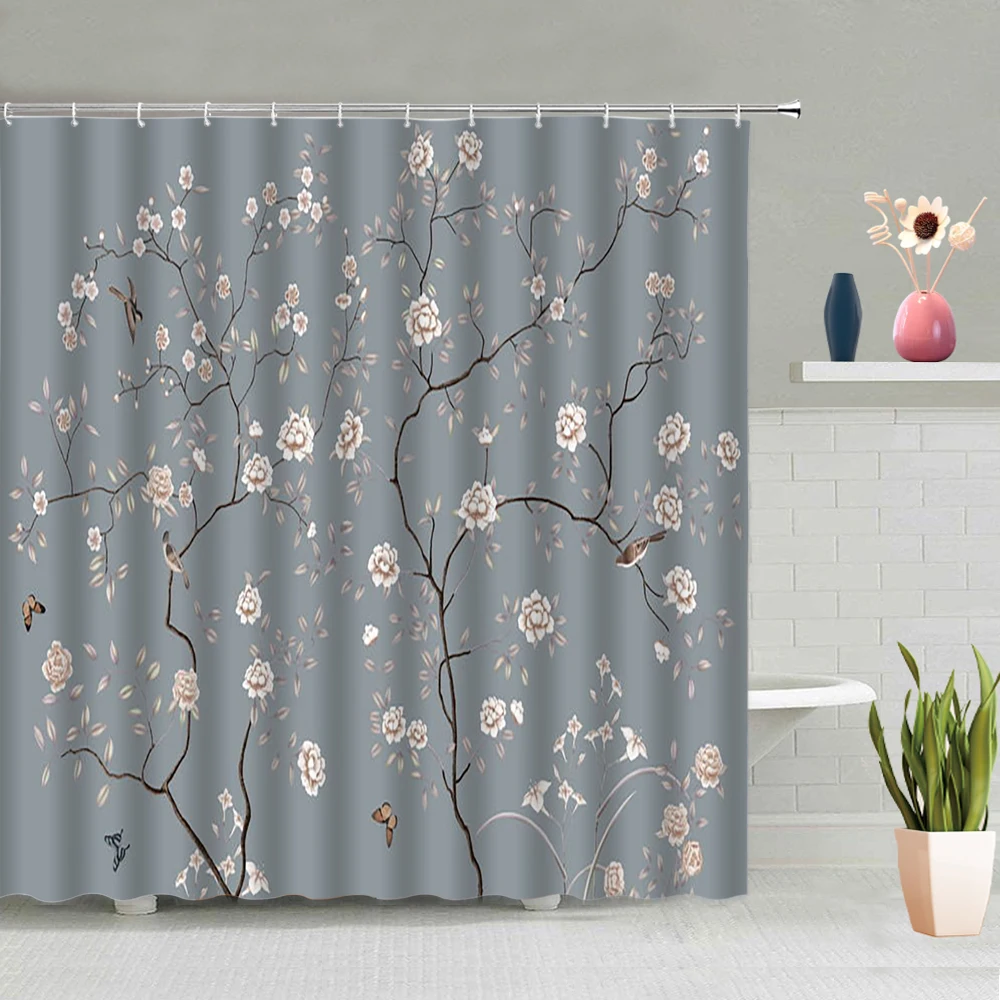 

Chinese Style Shower Curtain Bathroom Decoration Screen Bathing Curtains Living Room Background Washable Home Decor With Hook