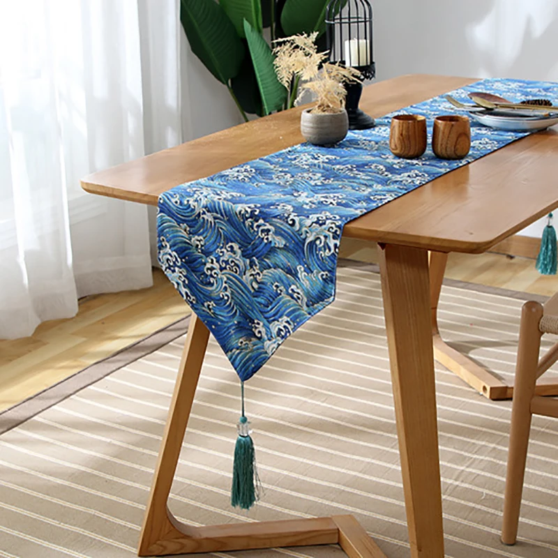 Японский стиль красная/синяя морская волна кисточка для скатерти цветы хлопок