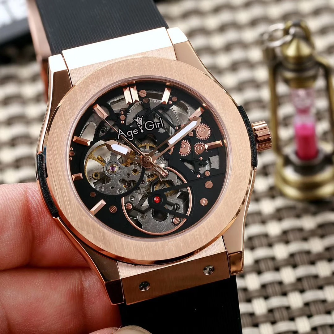 

Luxury Brand New Men Silver Rose Gold Black Grey Automatic Mechanical Sapphire Glass Back Tourbillion Watch Transparent Rubber