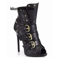 moraima snc buckle summer women shoes metal gold rivets decor black peep toe high thin heel with platform ankle boots for woman