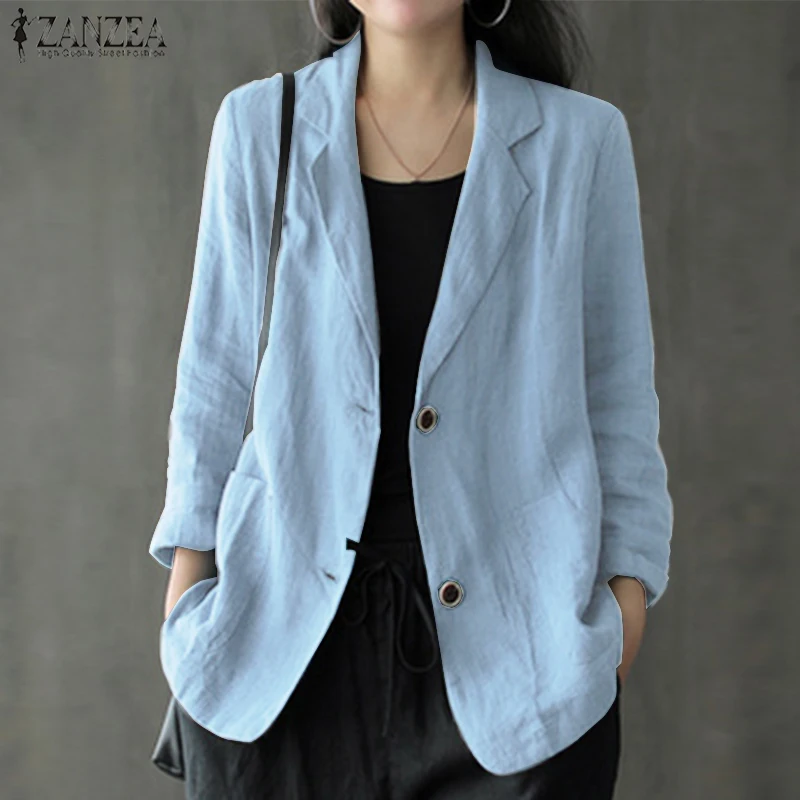 

ZANZEA 2021 Fashion Cotton Blazers Women's Autumn Coats Casual Long Sleeve Outwears Female Single Button Overcoats Solid Tunic