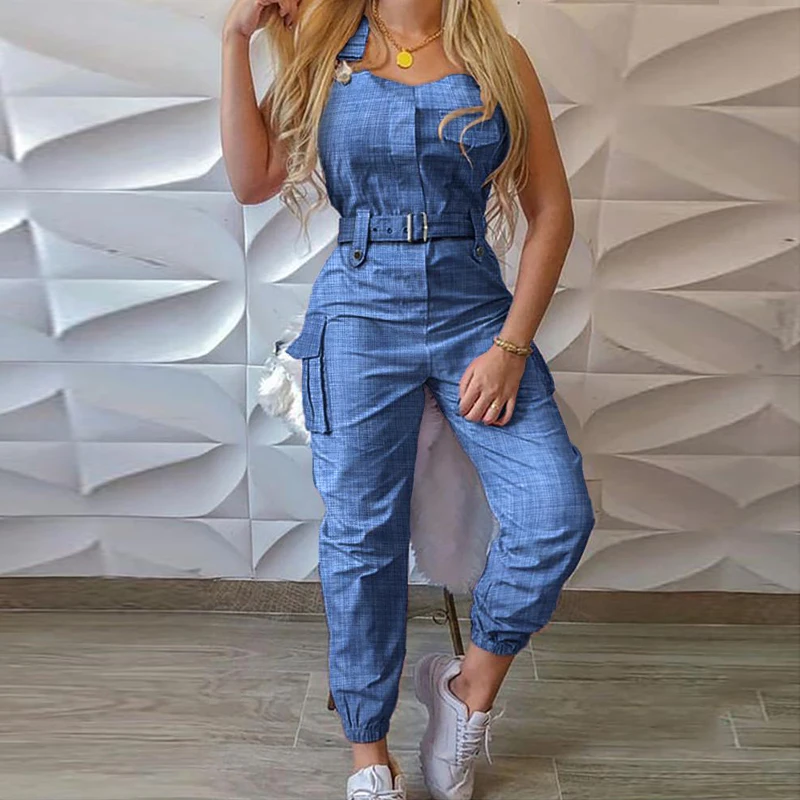 

Summer Sleeveless Straps Bodysuit Jumpsuits Elegant Belted Button Office Ladies Romper Casual Solid Plus Size Leggings Jumpsuit
