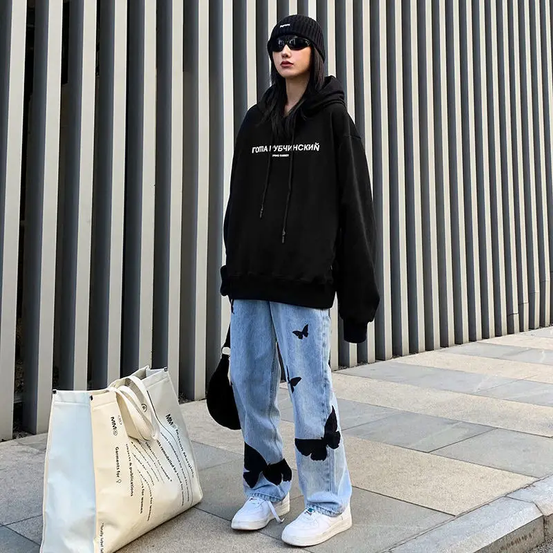 

Butterfly vintage jeans women 2021 summer loose large size high waist straight casual harajuku y2k pants plus size jeans