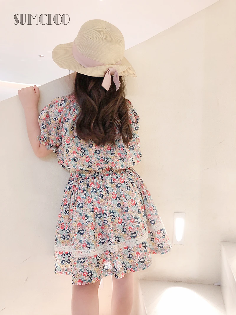 

Sumcico Girls cotton blue floral lace half skirt Floral Smocking blouse Korean A-line skirt
