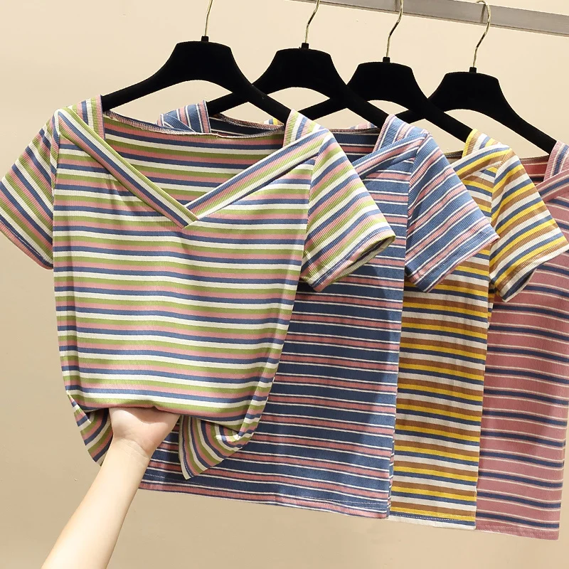 Женская футболка в полоску с V-образным вырезом хлопковый летний топ Корейском