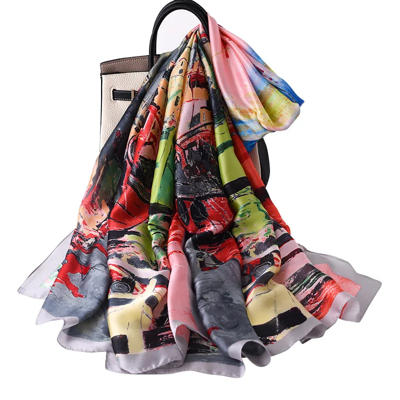 

2021 Summer Sunscreen 180X90CM Scarves Hankies Fashion Satin Silk Scarf Woman Popular Oil Painting Beach Shawl Ponchos and Capes