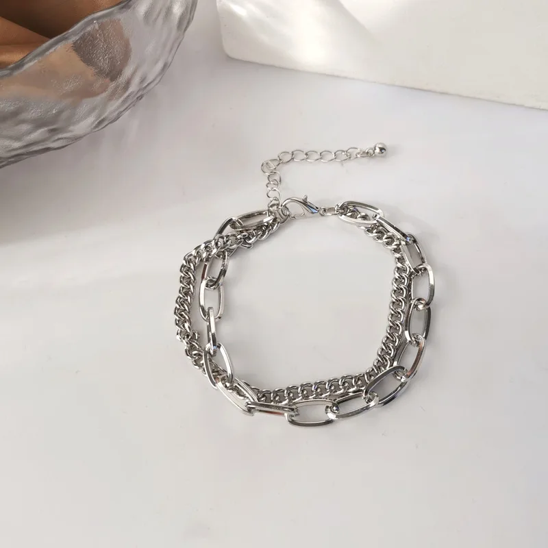 

Silver Color Double Layer Lock Chain Bracelet for Women/Men Fashion Hip-hop Adjustable Bracelet Party Personality Jewelry Gifts