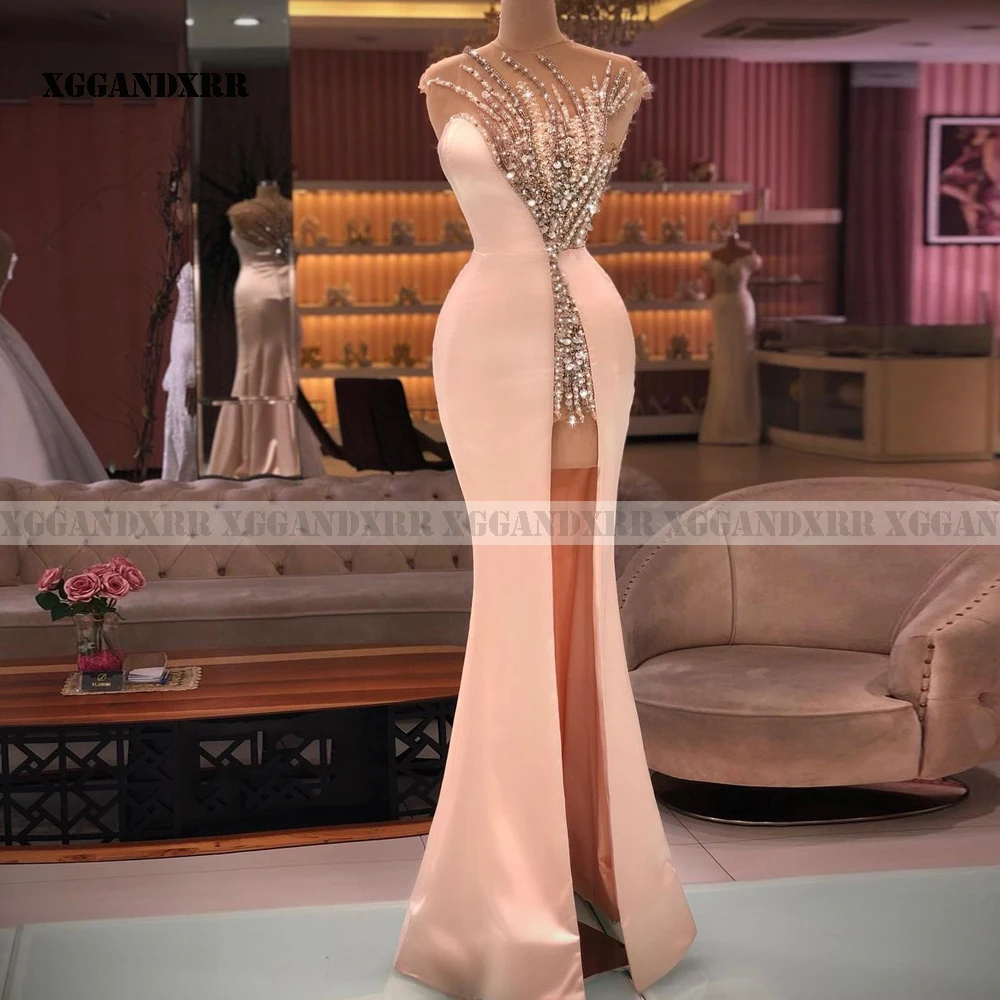 

New Arrival Pink Prom Dress 2021 Satin Long Evening Dress Sweetheart Spaghetti Backless Crystal Sexy Side Slit Girls Pageant