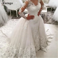 verngo luxury lace applique mermaid wedding dress with detachable train illusion long sleves v neck dubai arabric bridal gowns
