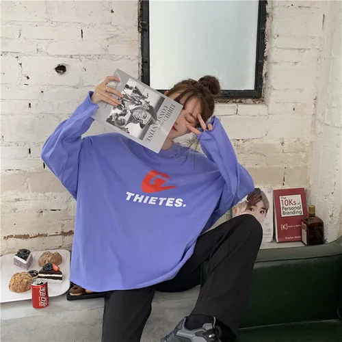 С принтом букв Повседневное свободный свитер универсальные модные 2019 Новое