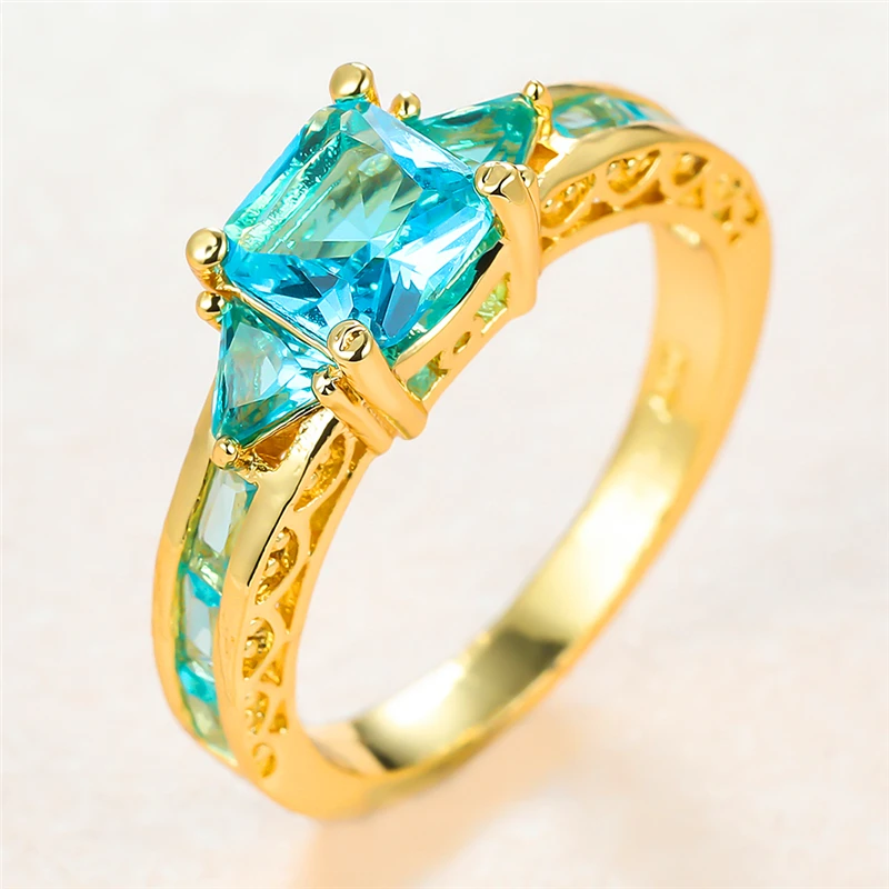 

Trendy Female Light Blue Crystal Stone Ring Yellow Gold Color Wedding Rings For Women Luxury Bride Square Zircon Engagement Ring