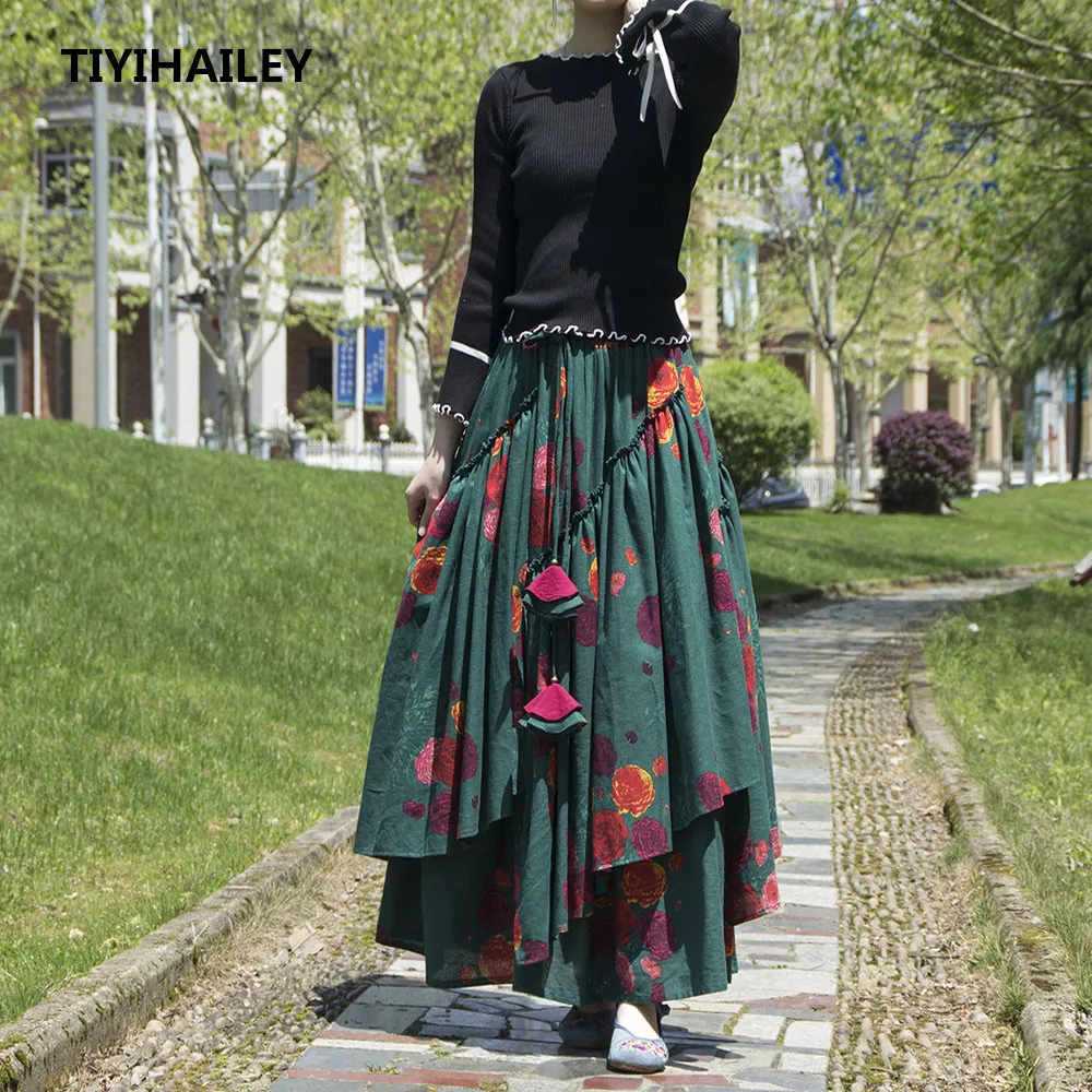 

TIYIHAILEY Free Shipping Big Hem Long Maxi A-line Elastic Waist Women Cotton Linen Print Flower S-2XL High Quality Green Skirts
